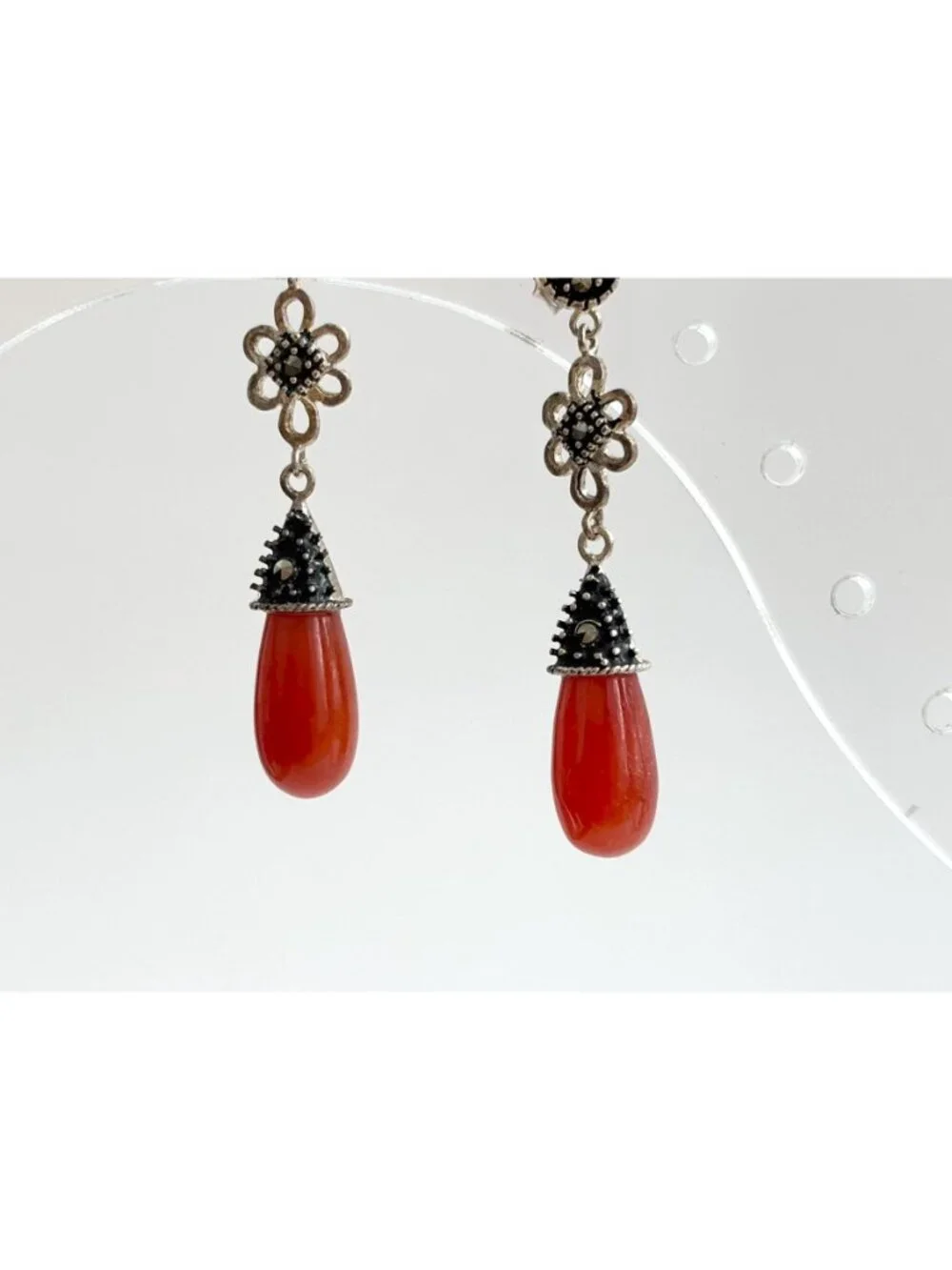 Art Deco Red Coral & Marcasite Floral Teardrop Vintage Sterling Silver Earrings